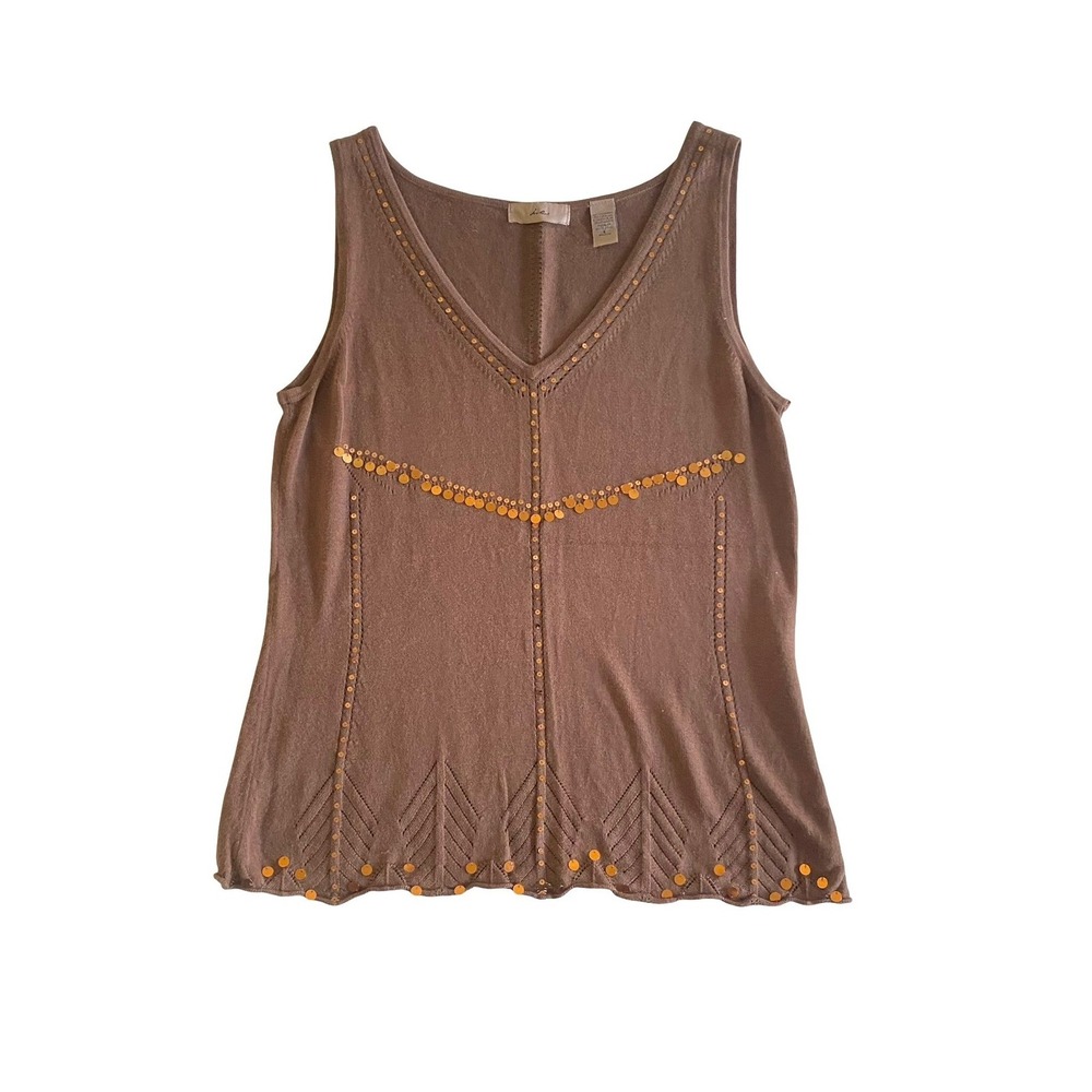 i.e. Knit Women Tank Top L Brown Sequin V-Neck Sleeveless Cotton Blend Scalloped